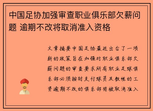 中国足协加强审查职业俱乐部欠薪问题 逾期不改将取消准入资格