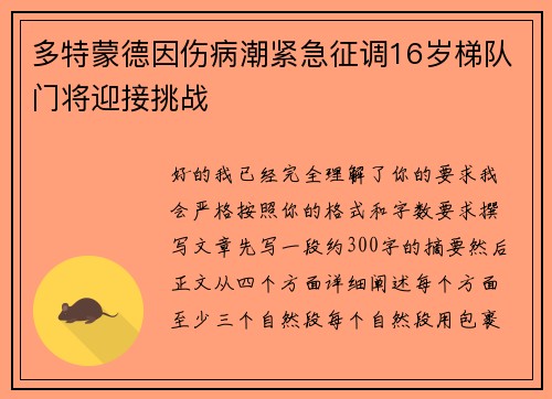 多特蒙德因伤病潮紧急征调16岁梯队门将迎接挑战